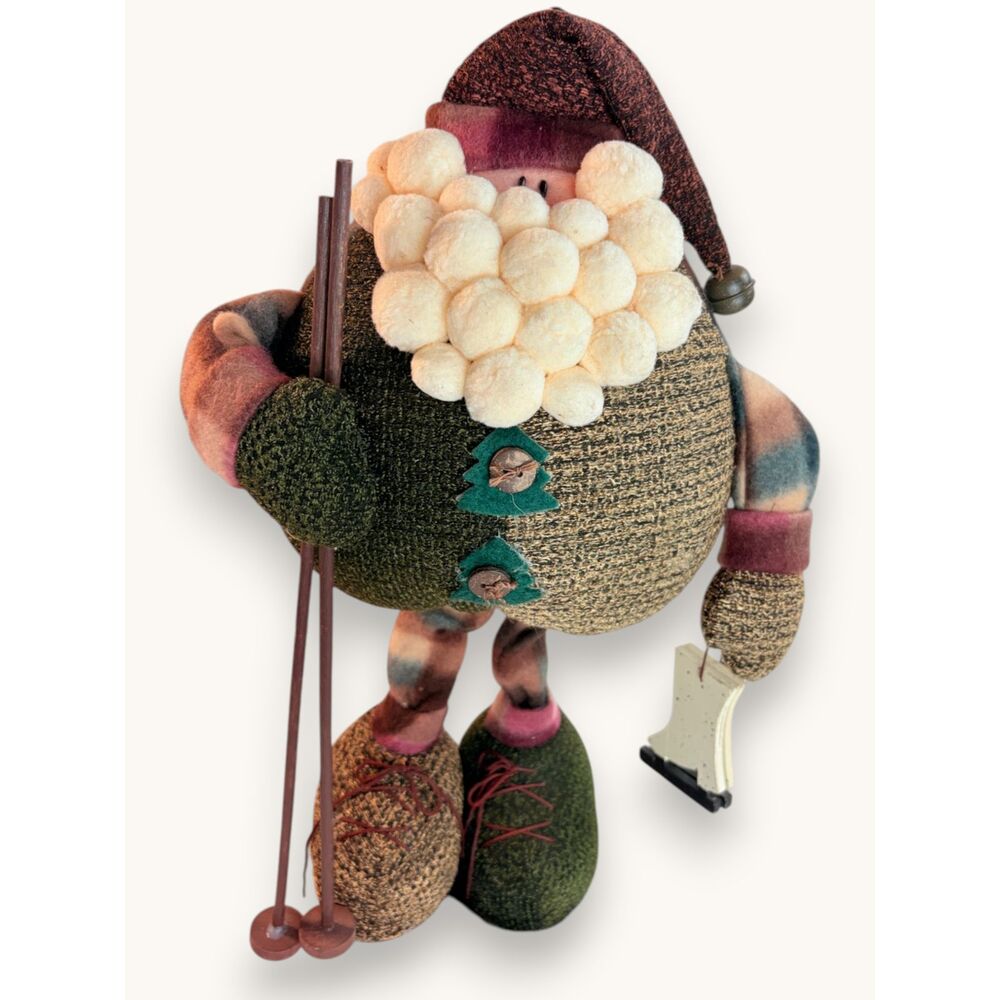 Ice Skating Plush Santa Figurine Christmas Decor Ski Poles Folk Art 15"